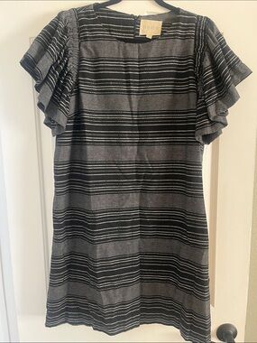 Moon River Black & Gray Striped Ruffle Sleeve Dress
